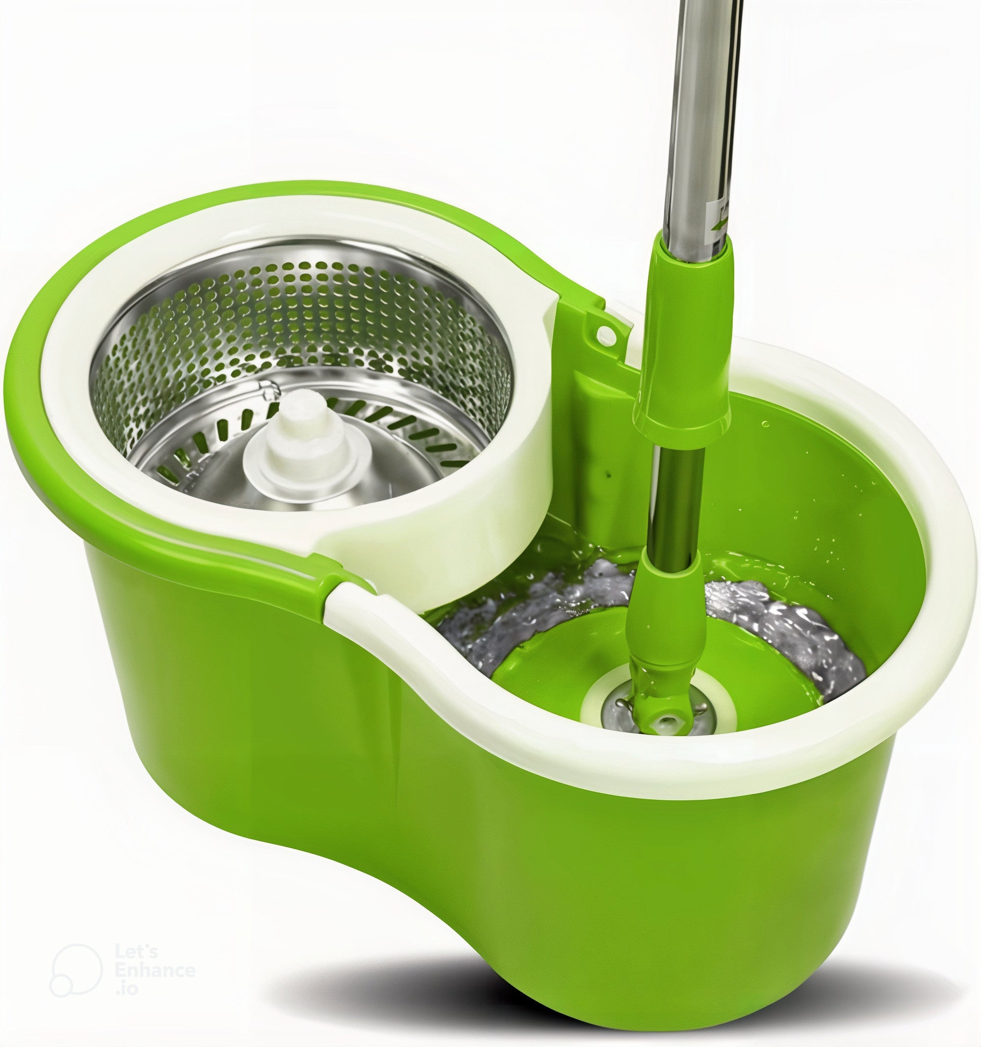 Green PuliFlash mop bucket with stainless steel wringer and long handle for effortless floor cleaning.